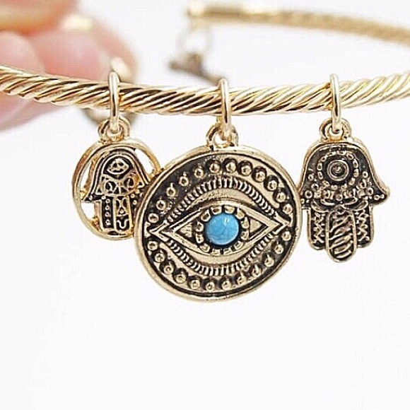 Evil Eye Hamsa Bangle Bracelet Gold GIFT - Picture 2 of 3